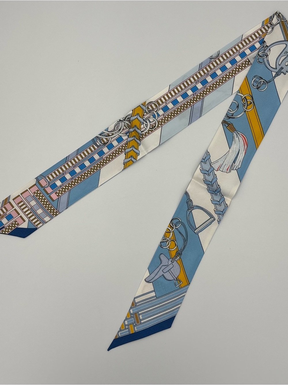 Hermes Panoplie Equestre Twilly Silk Scarf Blue Yellow White Equestrian Print - Picture 2 of 6